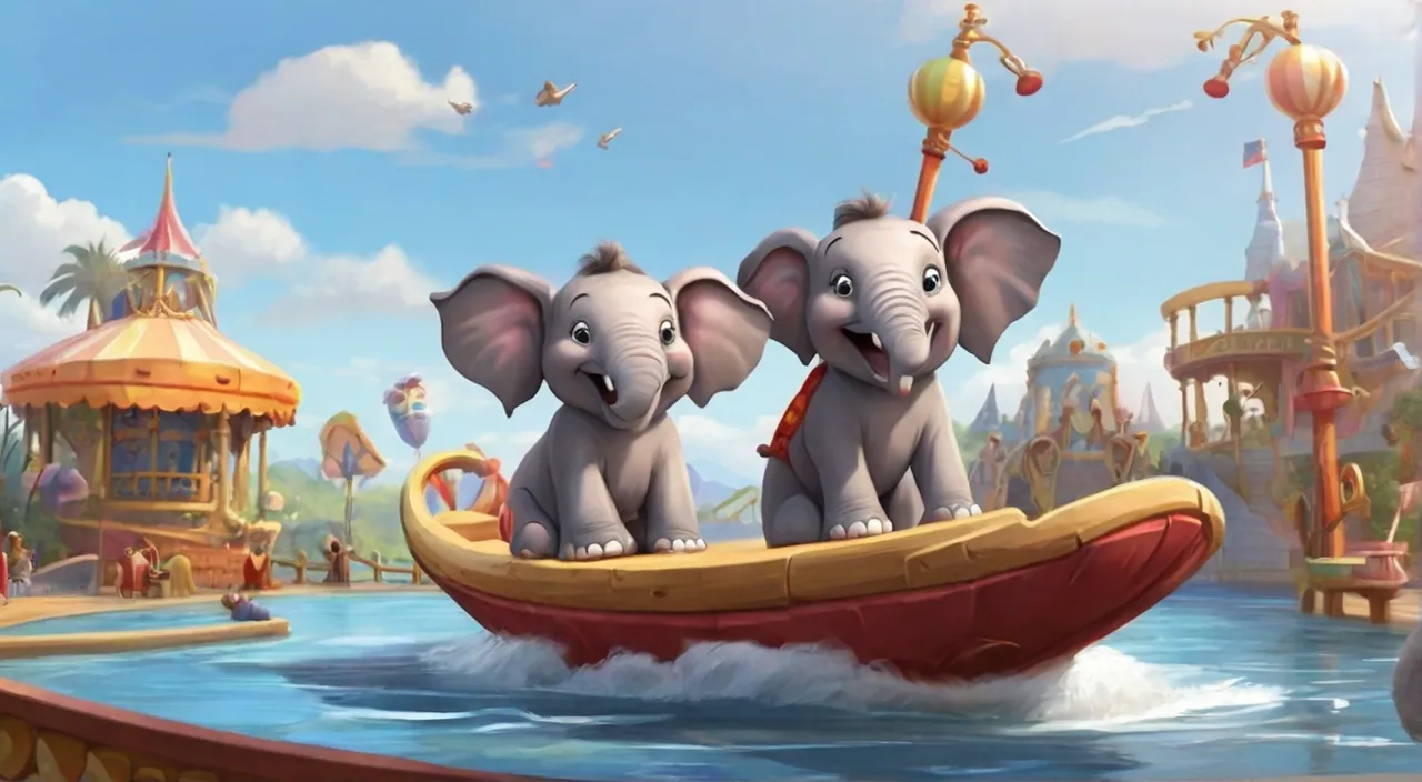 a couple of elephants riding on top of a boat. Cartoon 