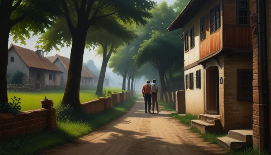 a painting of two people walking down a dirt road