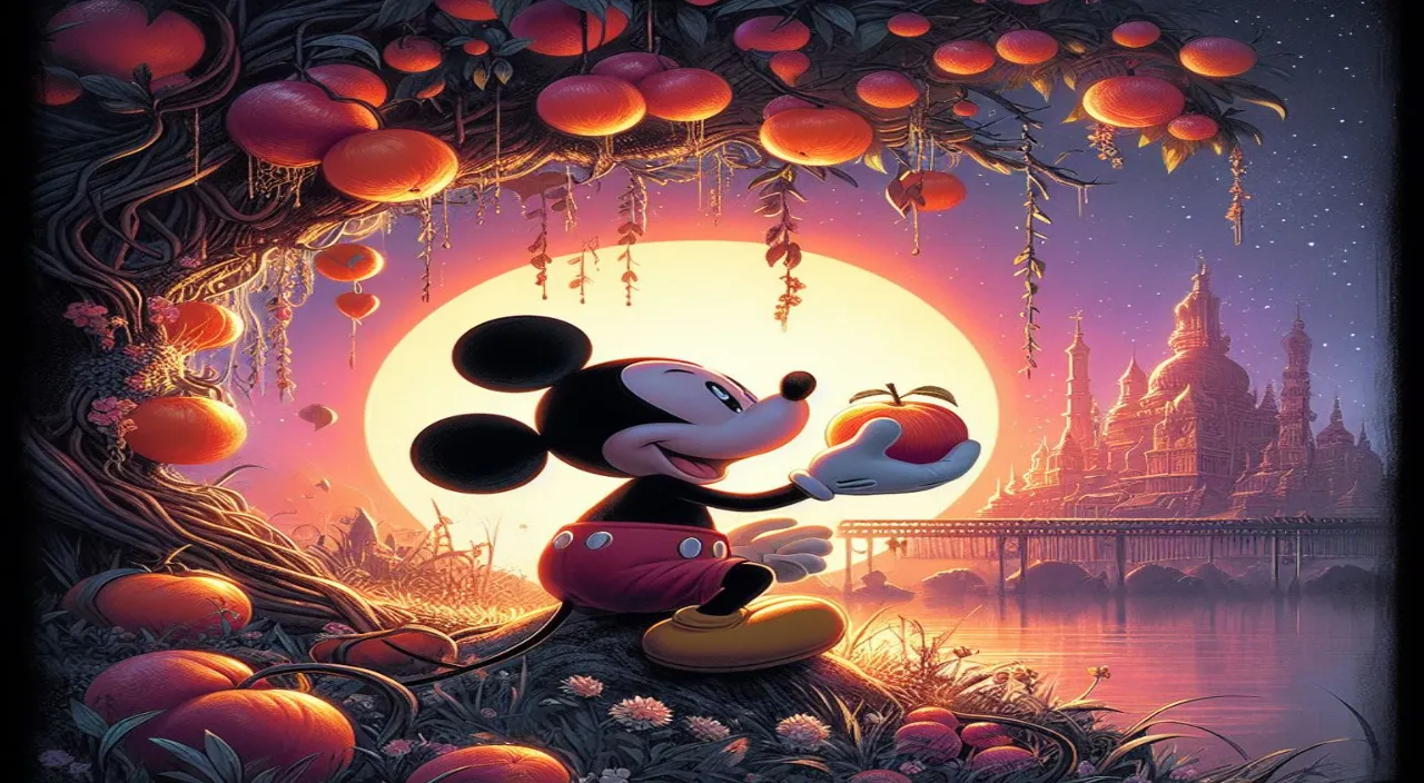 a painting of a mickey mouse holding an apple