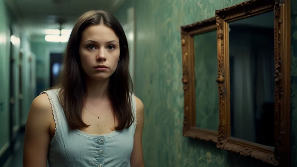 a woman standing in a hallway next to a mirror