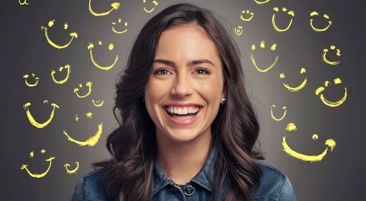 a woman smiling and surrounded by smiley faces