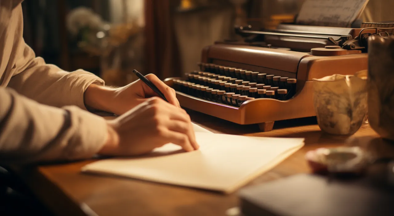 a person writing on a piece of paper next to an old typewriter