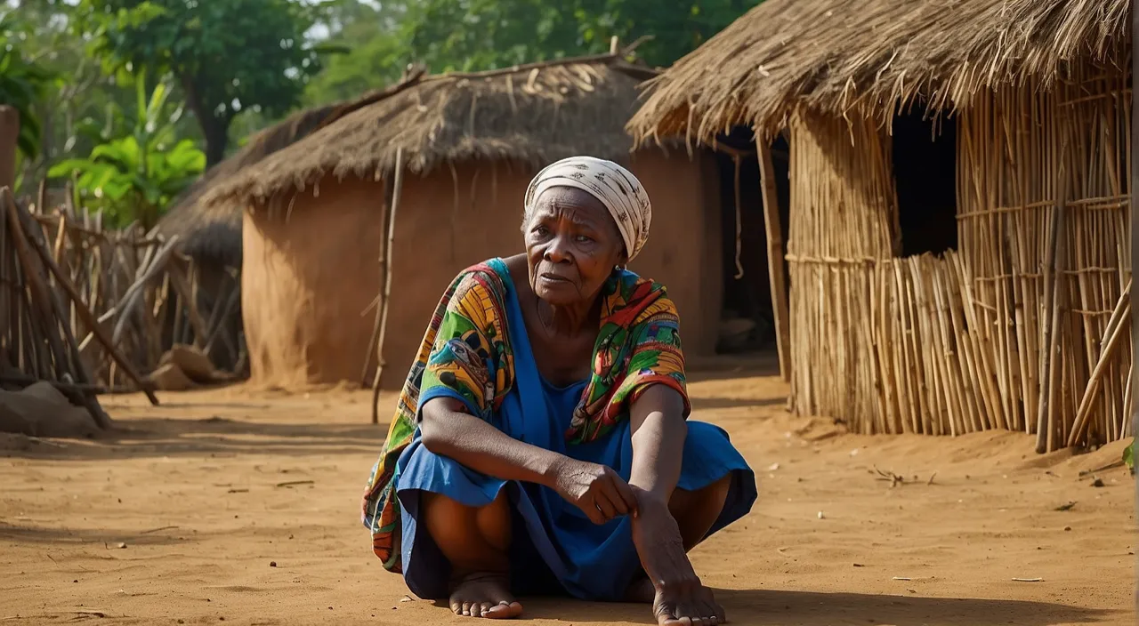 a woman kneeling down in front of a hut