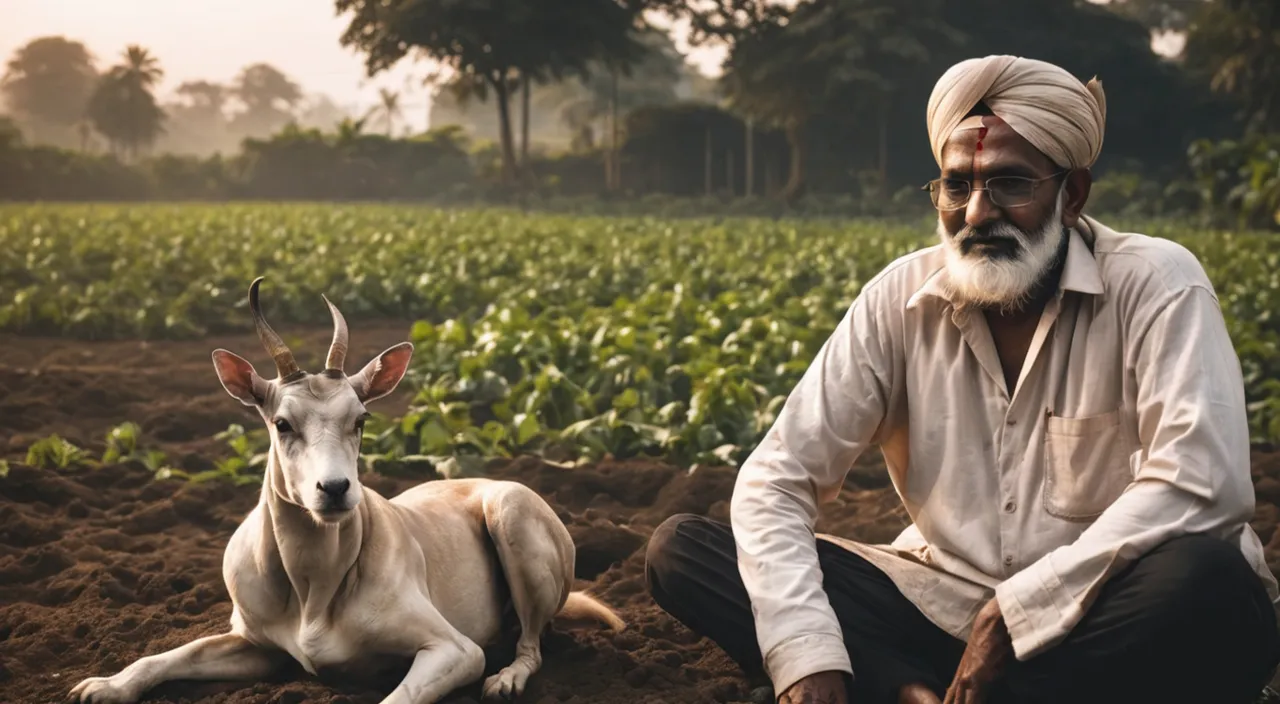 a man sitting in a field next to a goat