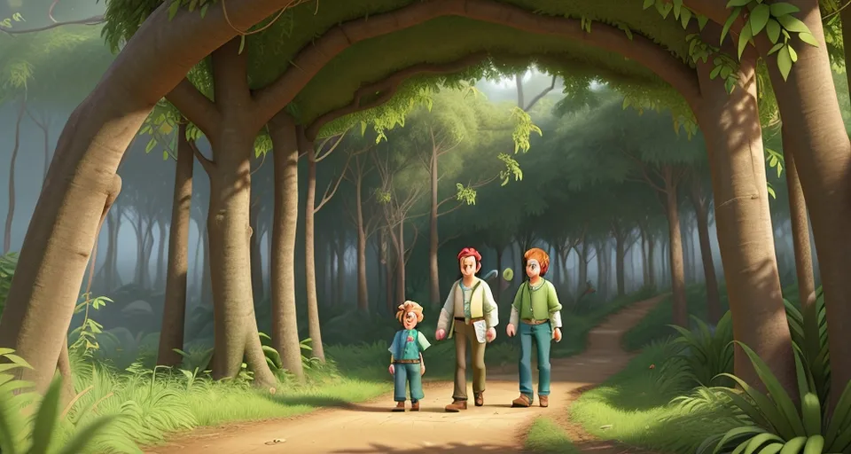 a painting of a family walking through a forest