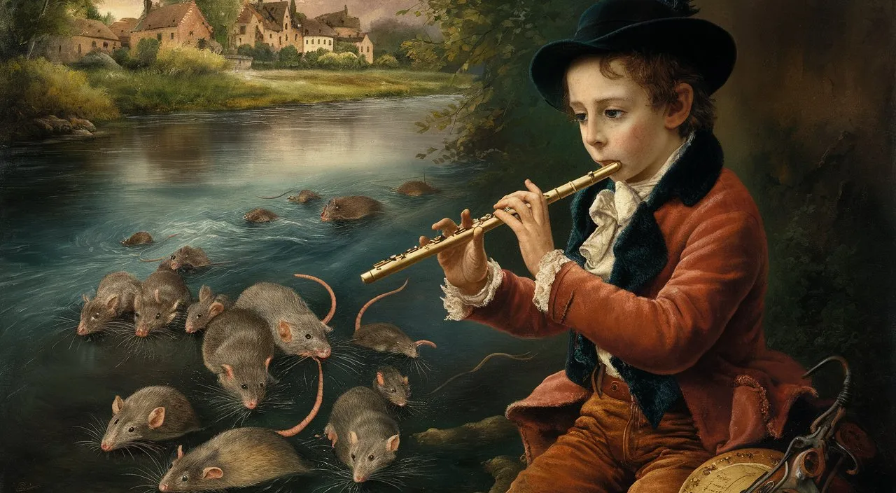 a painting of a boy playing a flute