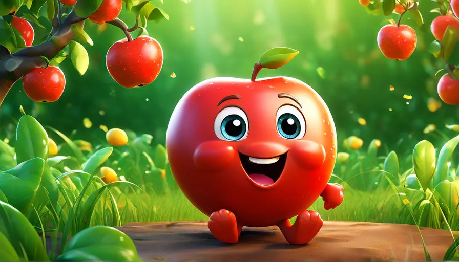 a red apple with a happy face standing in the grass