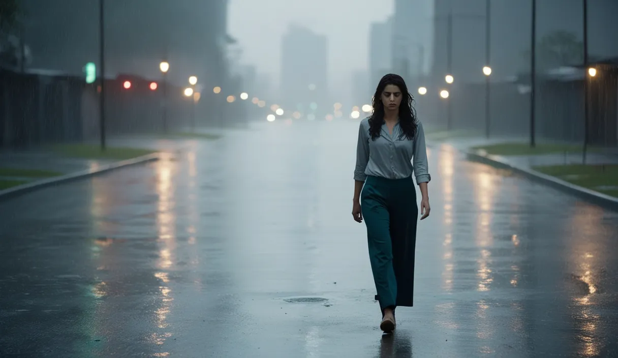 A lone Pakistani woman in a modern outfit of pants and a shirt walks down a deserted street, tears blurring the city lights in the rain-slicked 8K vista. The emptiness of the street echoes the absence of her boyfriend after their recent breakup.

