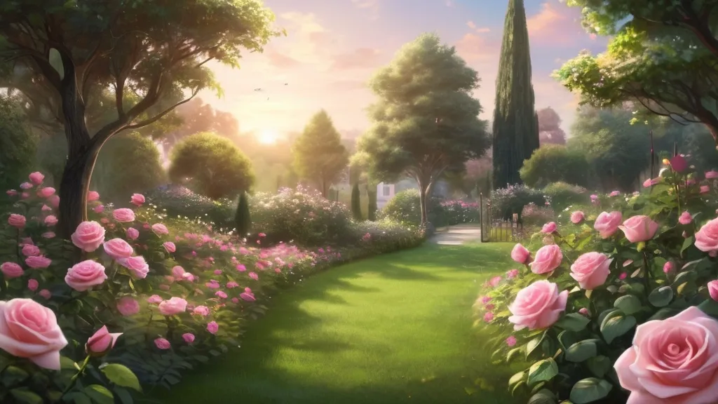 a painting of a garden with pink roses , roses fluttering and dancing slowing in air