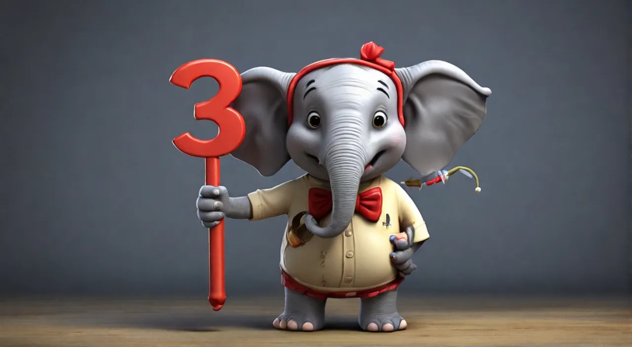 a cartoon elephant holding a red number three