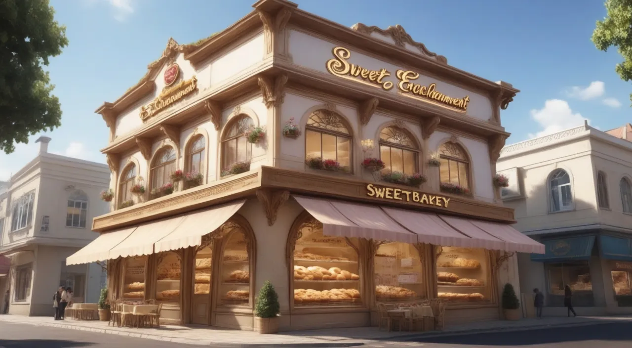 a rendering of a street corner with a bakery