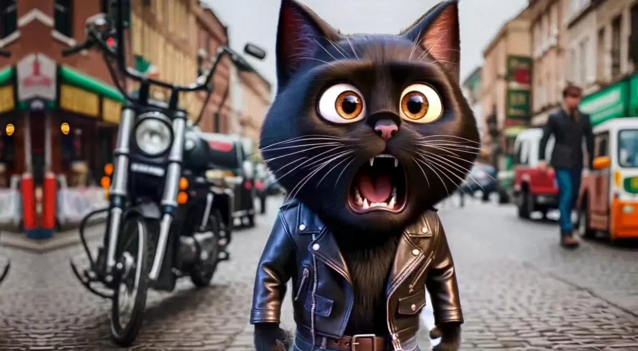 a black cat wearing a leather jacket is standing in the middle of a street