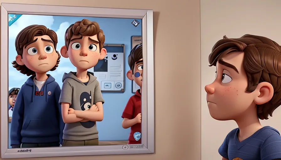 a boy looking at himself in a mirror