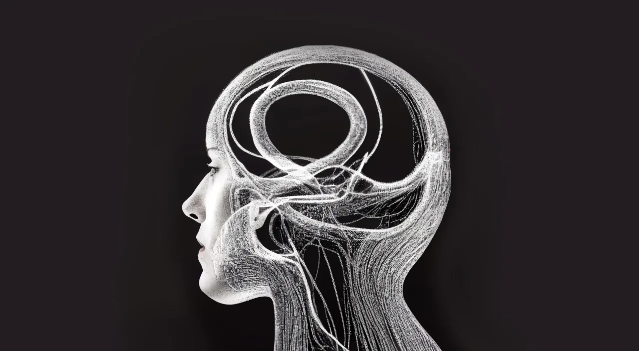 a woman's head with a wire artificial brain