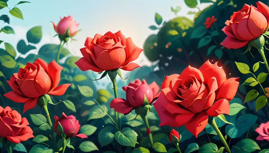 a painting of red roses with green leaves