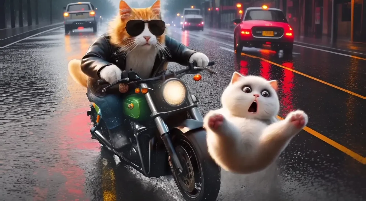 a cat riding on the back of a motorcycle next to a white cat