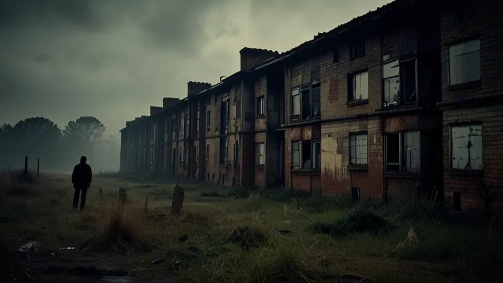 a man standing in front of an abandoned building