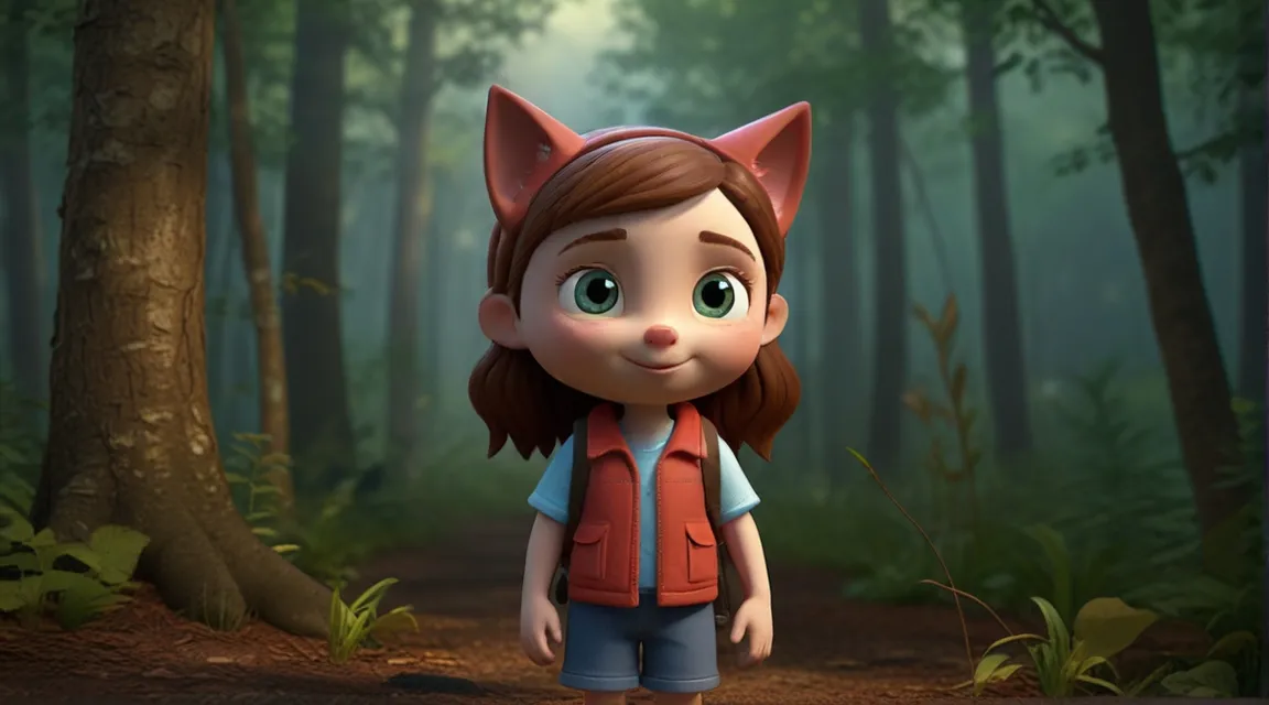 a girl in a red vest and blue shirt standing in a forest