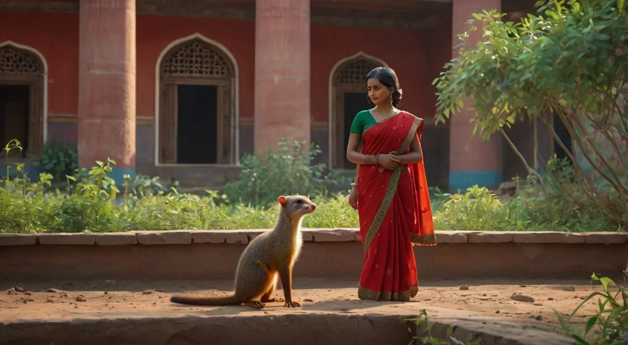 3D RENDERING VIBRANT COLOR The camera zooms in on Prabha 42-year-old woman. traditional attire, a red saree, a green blouse and a dupatta on head. face shows a suspicious and angry expression, eyes are intense. as she carefully places her 1-year-old son, Sundar, under the shade of the large tree. Sundar is peacefully sleeping, wrapped in a soft blanket, his small chest rising and falling rhythmically.