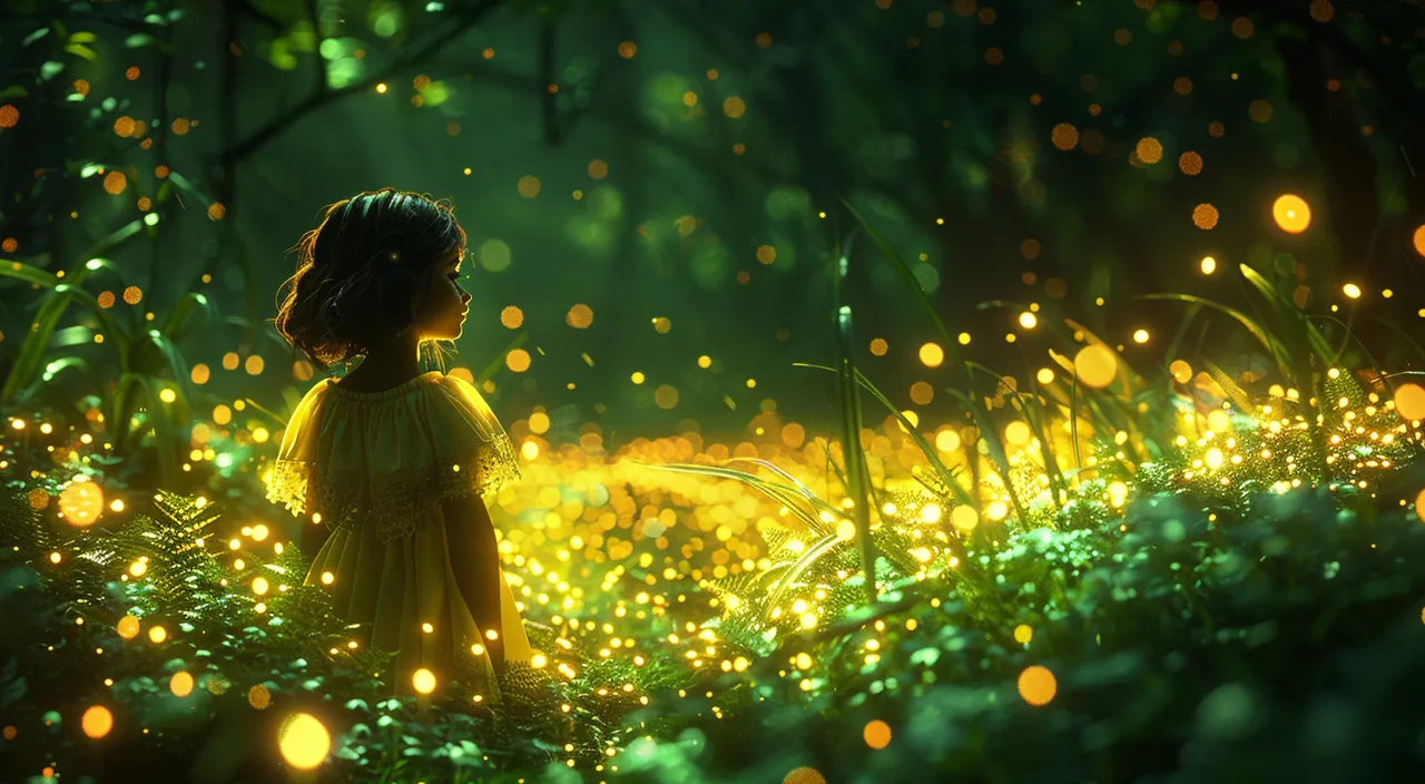 a little girl standing in the middle of a forest