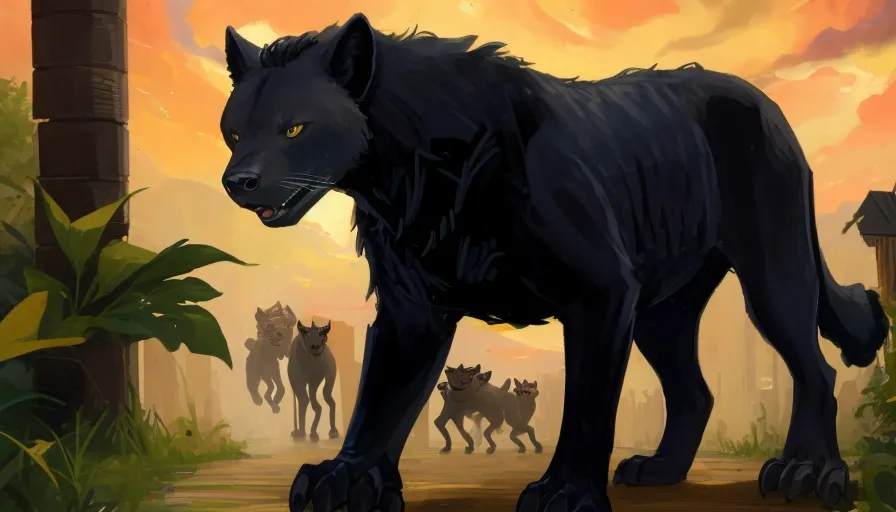 a pack of hyenas and a black panther, Anime