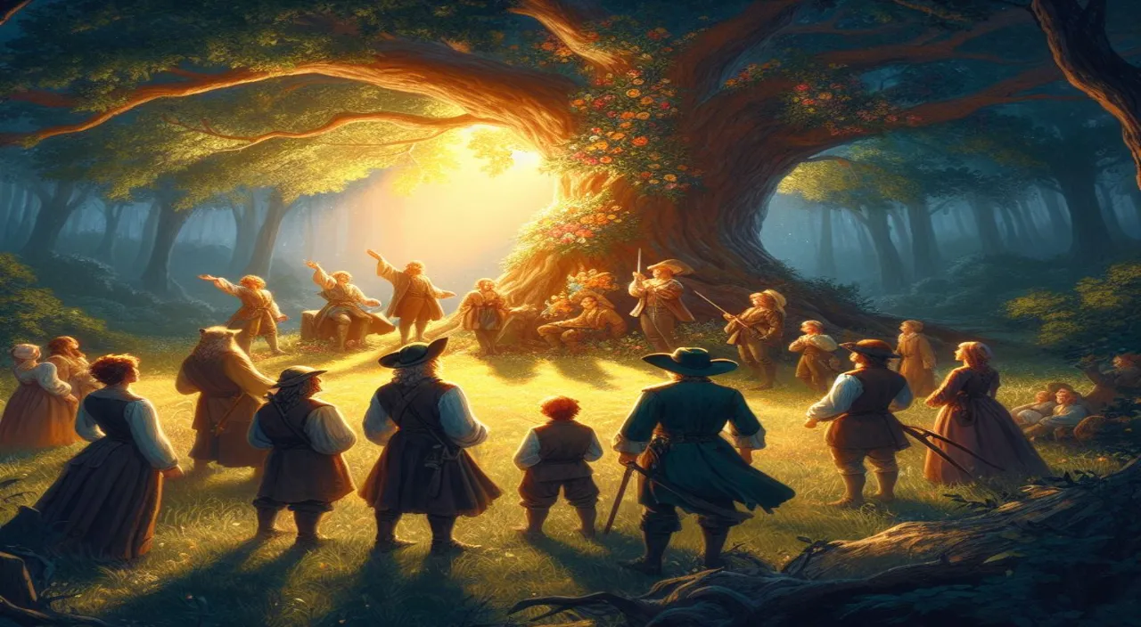 a painting of a group of people in a forest