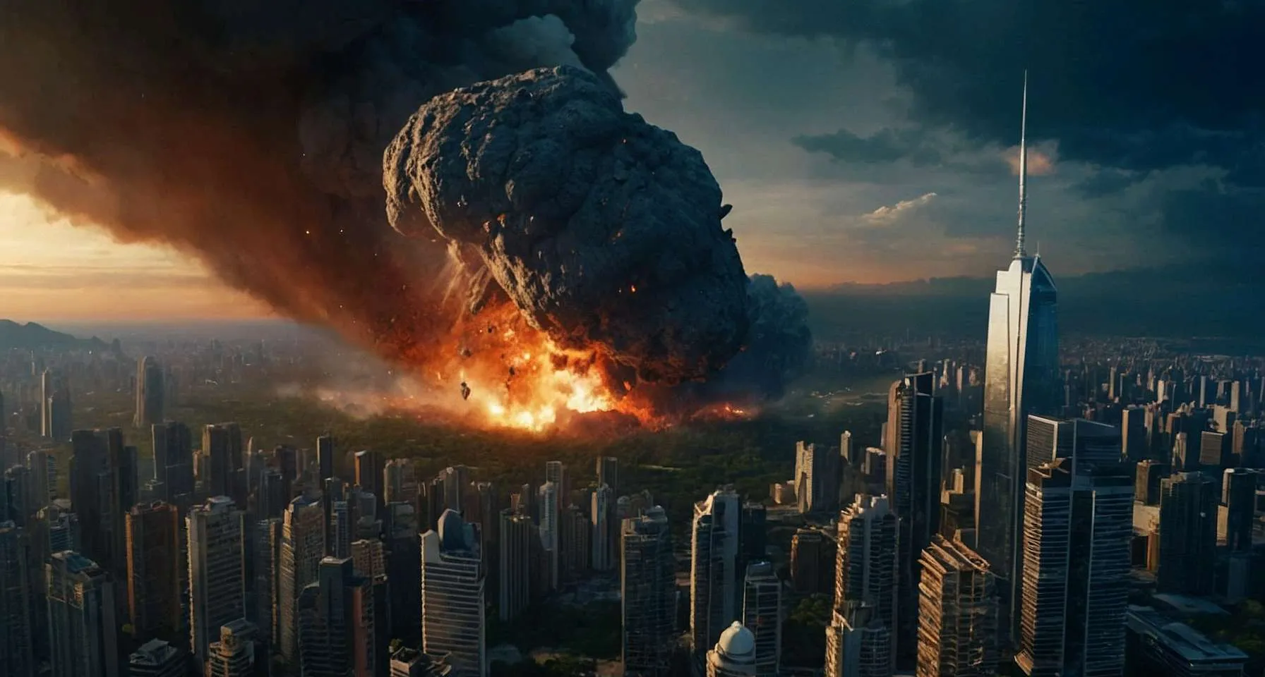 a suspenseful scene from a bird's eye view: a large, menacing asteroid plummets towards a bustling city, with towering skyscrapers and a vibrant skyline, as people below scramble in terror, unsure of their fate, advertising style