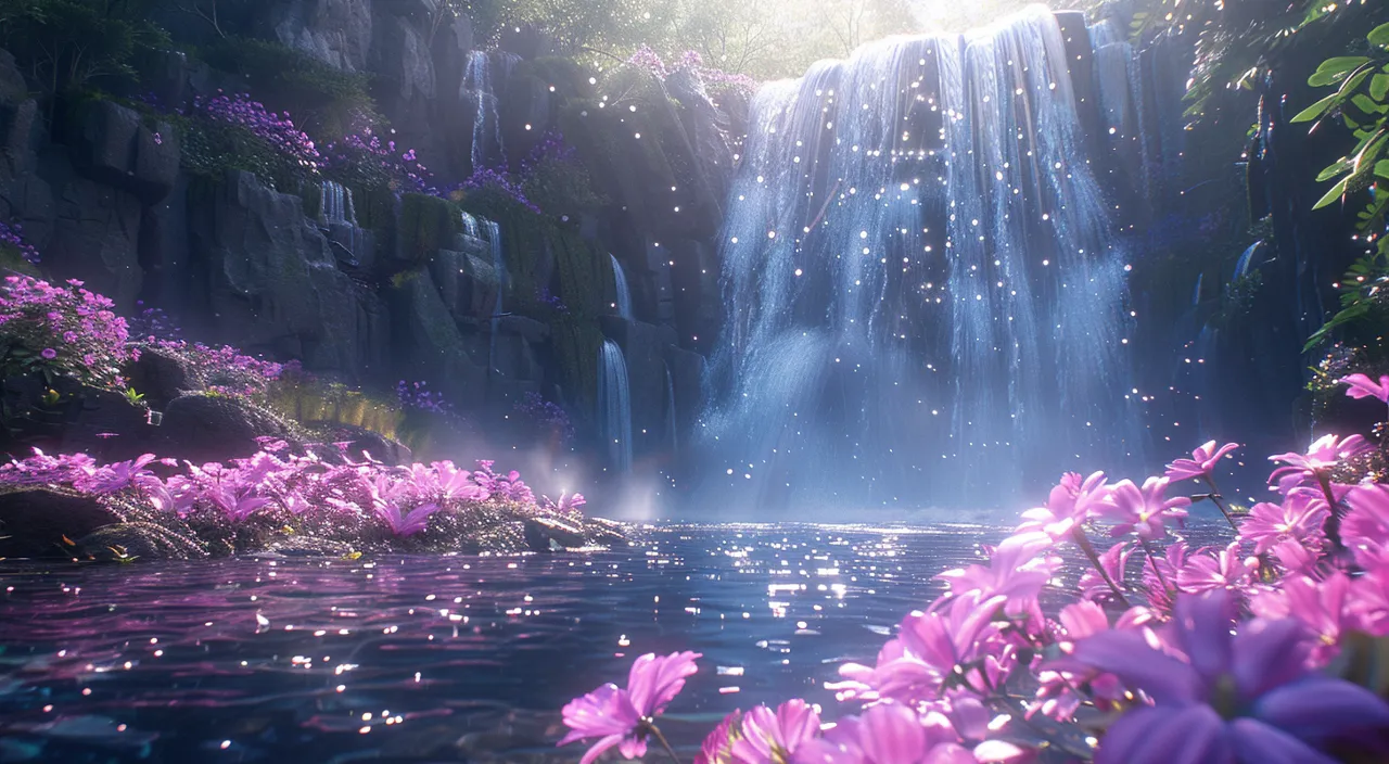 a waterfall with purple flowers in the foreground