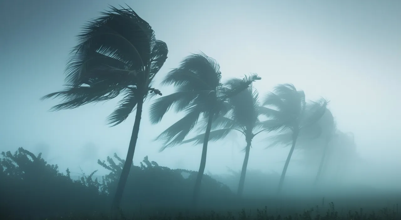 a group of palm trees blowing in the wind