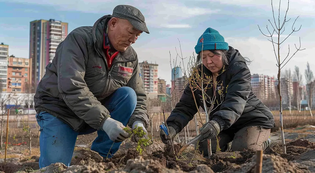 two Kazakh Asians plant trees in a park in Astana, a general long-range view