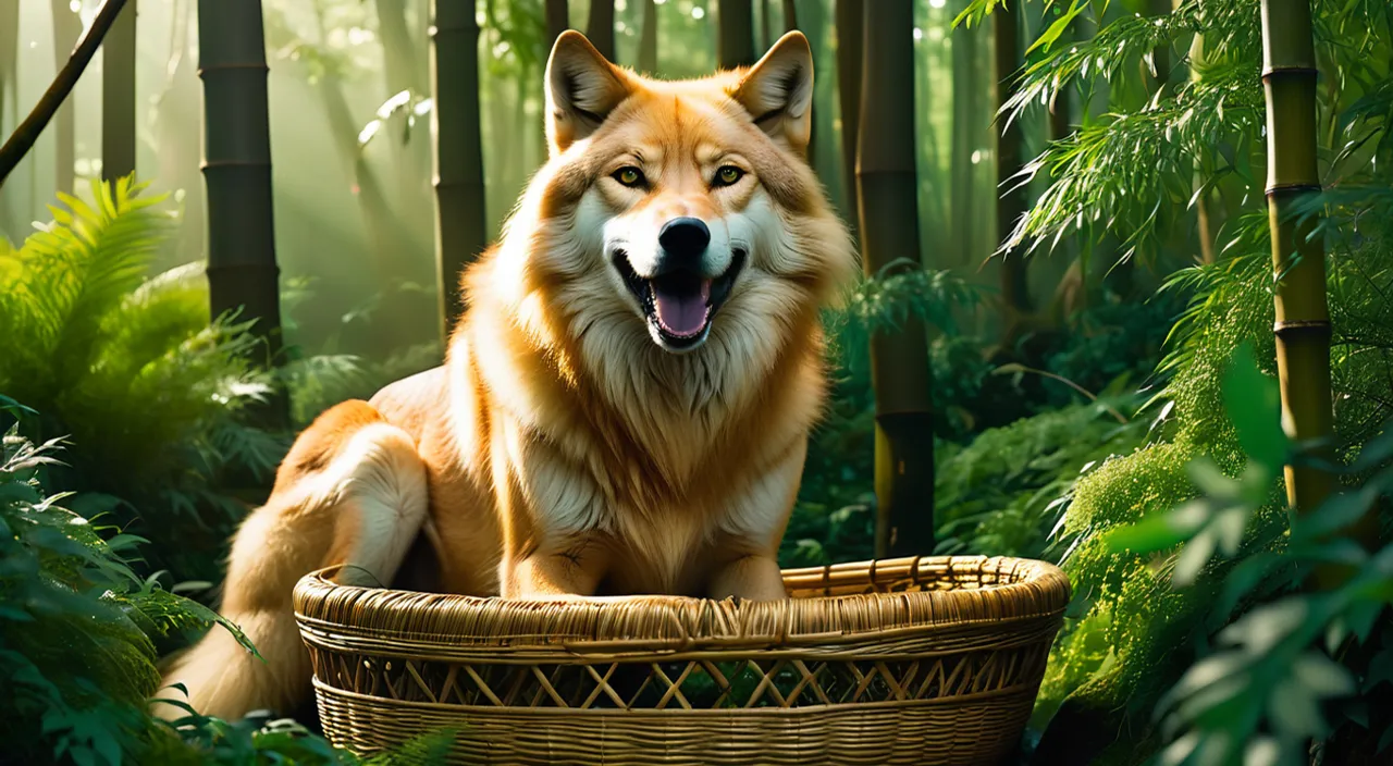 a dog sitting in a basket in a forest