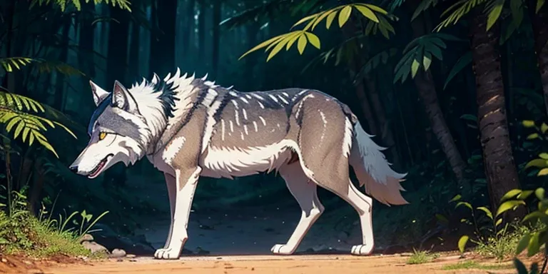 a white wolf standing in the middle of a forest, Anime, Dark Sushi 2.5D