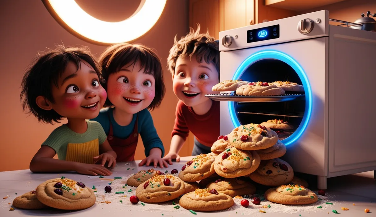 a group of children looking at cookies coming out of an oven