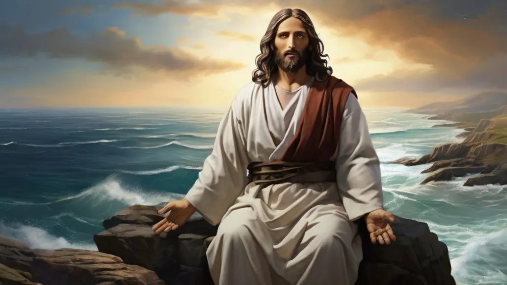 a painting of jesus sitting on a rock by the ocean