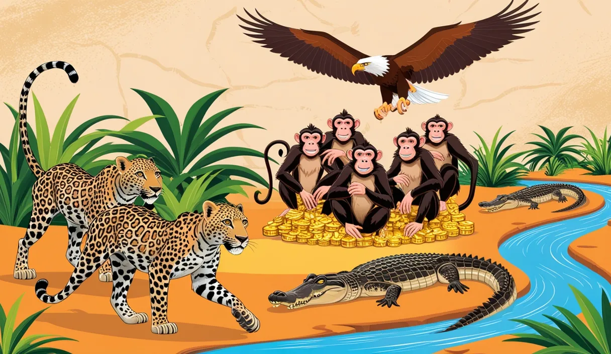 a group of monkeys sitting on top of a pile of gold