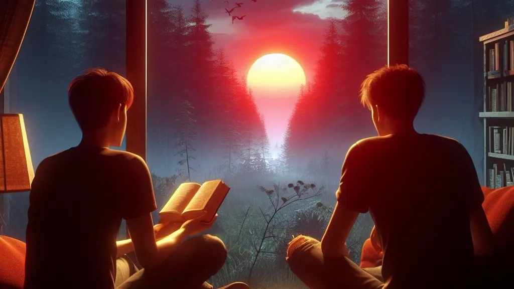 Two young men holding a book in their hands, watching the sun set outside the window, it is dark all around and there is a dense forest all around, a scary evening, 3d animated