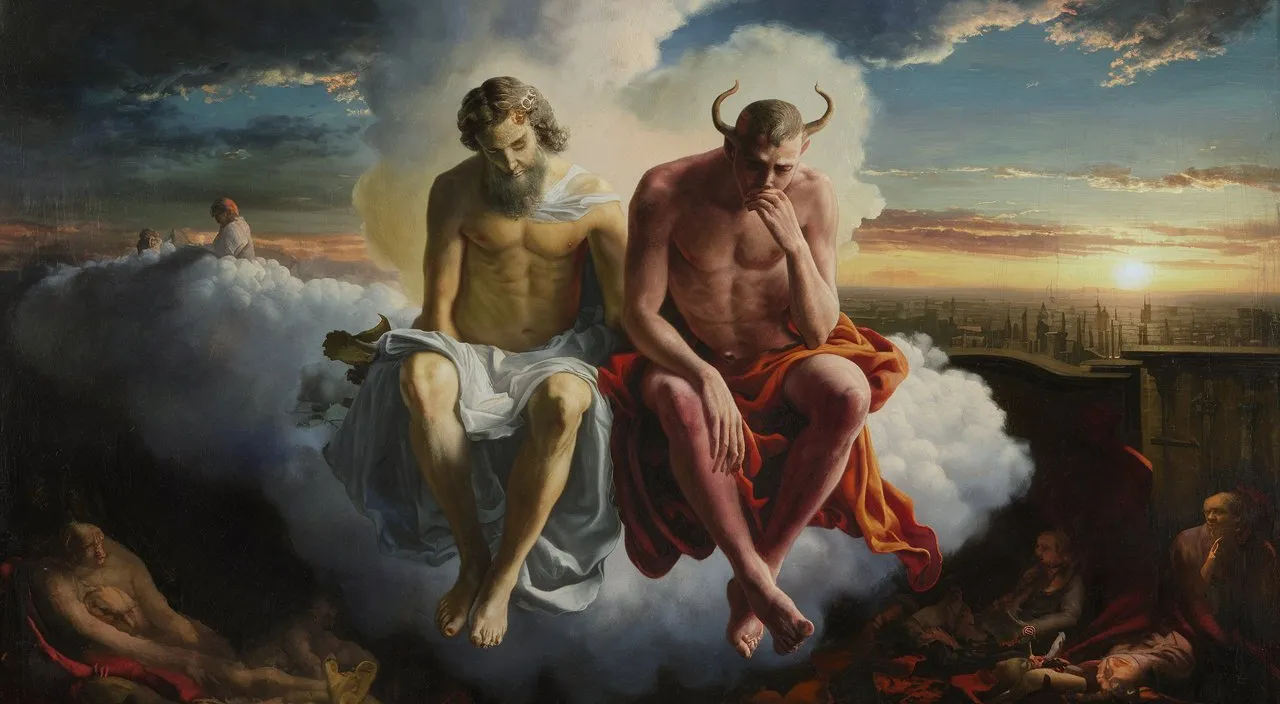 a painting of two men sitting on a cloud