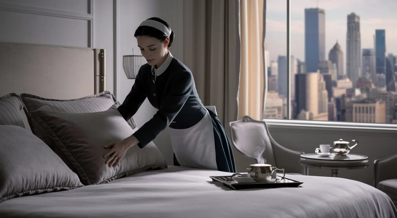 a woman leaning over a bed with a tray of food on it