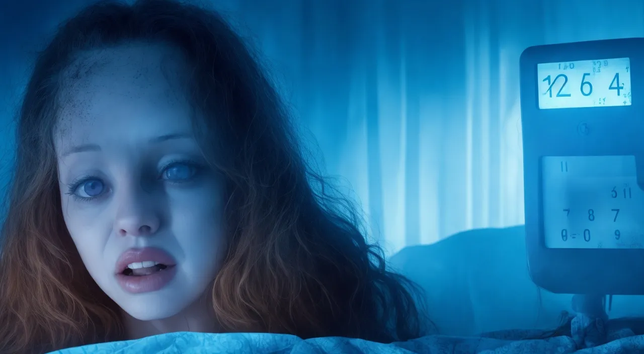 a woman laying in bed next to a clock