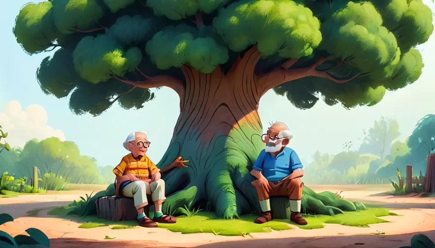 two elderly men sitting on a bench under a tree