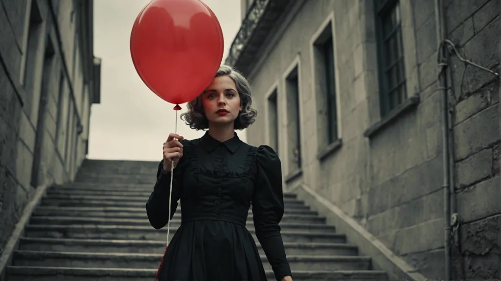 a woman in a black dress walking downstairs holding a red balloon