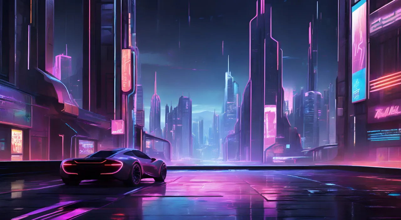 a futuristic city at night with neon lights