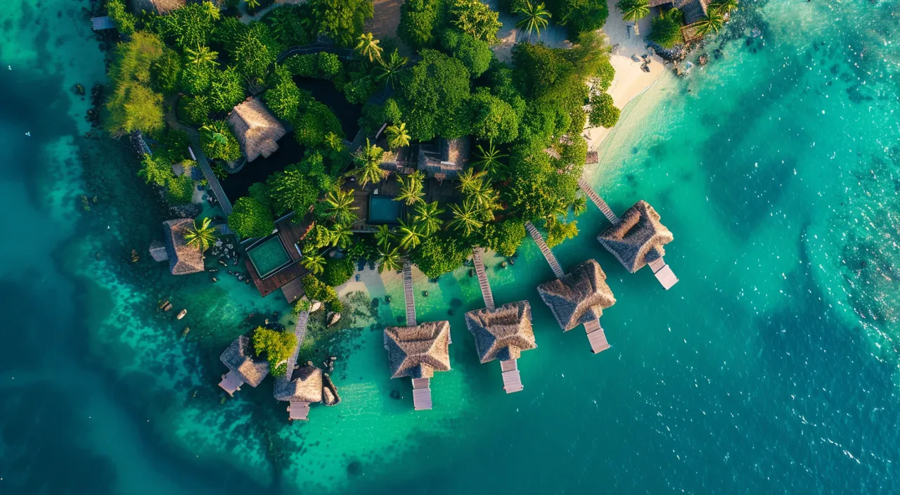 Create stunning 4K aerial videos showcasing the pristine turquoise waters, lush greenery and luxurious overwater bungalows of a tropical island resort. Videos should capture intricate details, emphasize vibrant colors, and a tranquil atmosphere. Start with a wide-angle shot and gradually zoom in to highlight the resort's unique features and natural beauty.