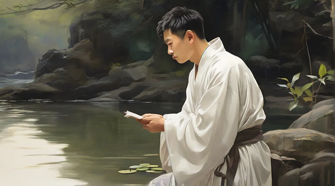 a painting of a man standing in front of a body of water