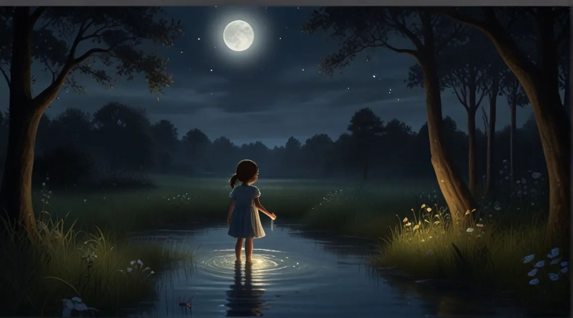 a little girl standing in a river at night