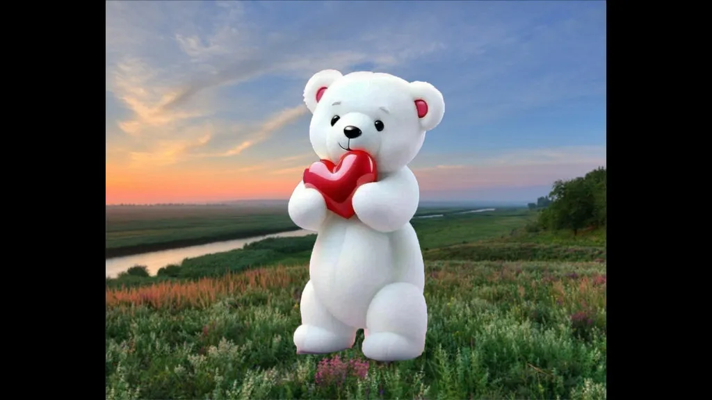 a white teddy bear with a red heart in his hands dances with joy after receiving a gift