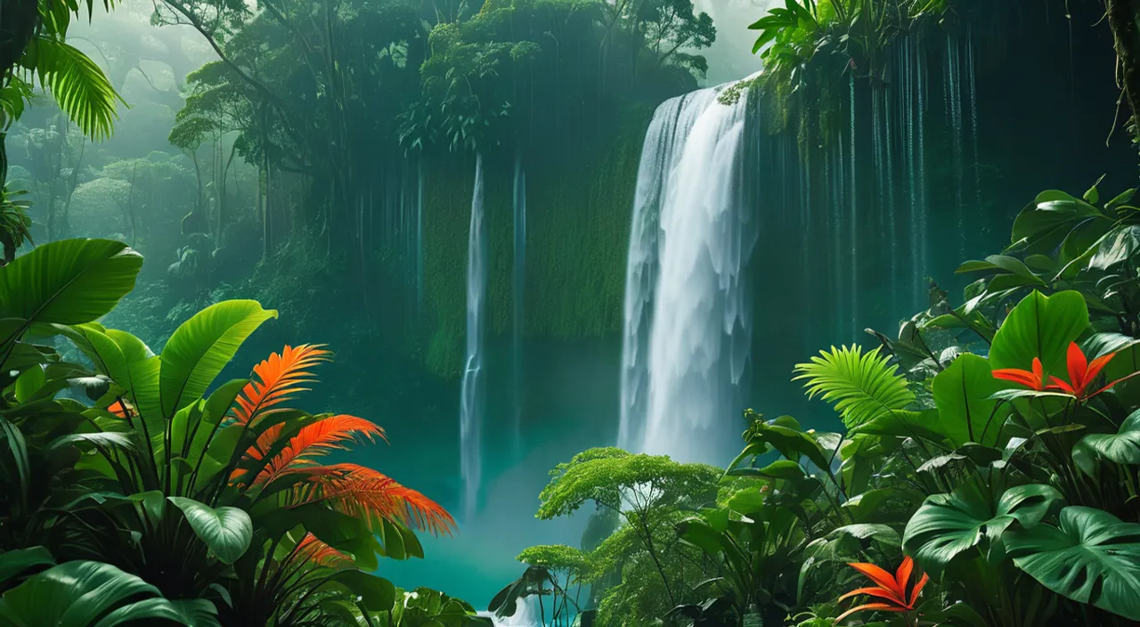 a waterfall in the middle of a jungle