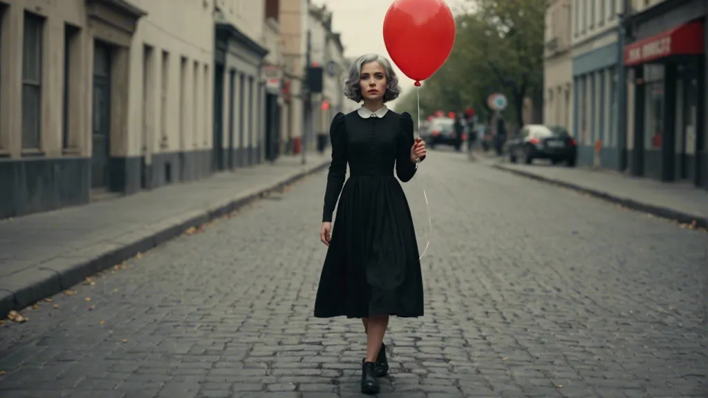 a woman in a black dress holding a red balloon