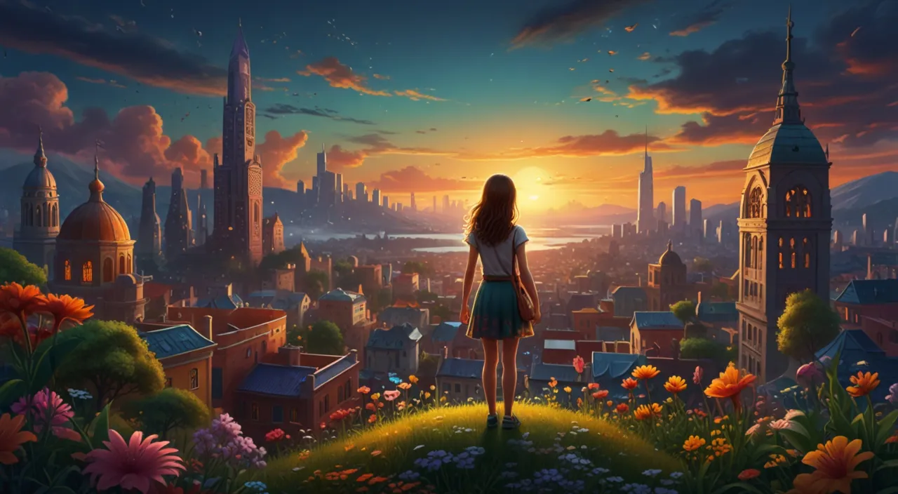 a girl standing on top of a hill looking at a city