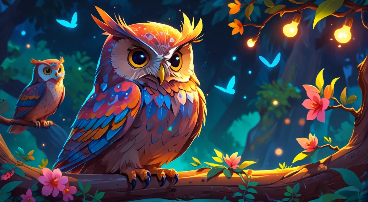 a painting of two owls sitting on a tree branch